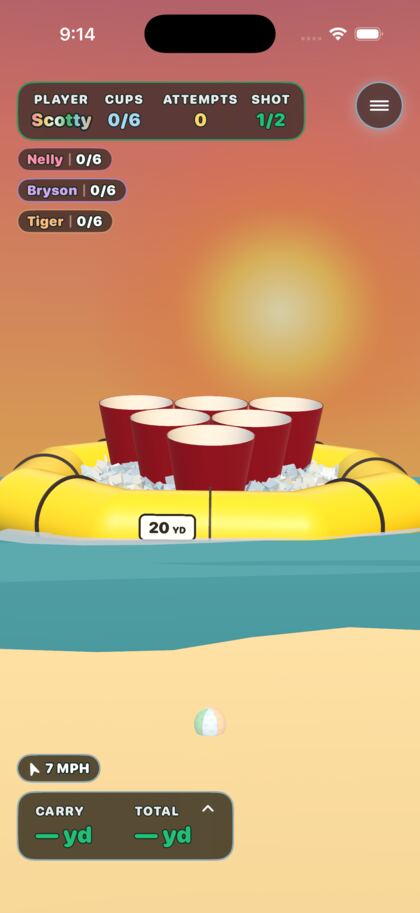 Beach Pong, chipping into cups on a sand island